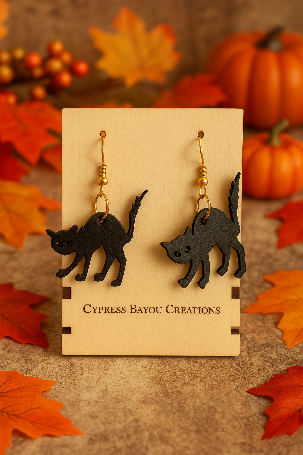 Black Cat Halloween Earrings – Lightweight Laser Cut Wood Jewelry, Handmade Spooky Cat Earrings, Hypoallergenic Hooks