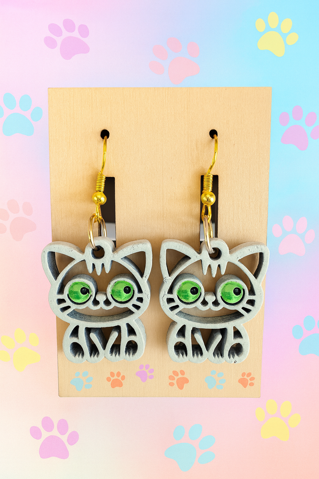 White Cat Earrings – Laser Cut Wood Jewelry, Hand Painted Lightweight Cat Earrings, Cute Gift for Cat Lovers, Hypoallergenic Hooks
