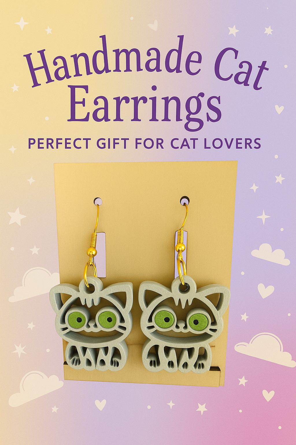 White Cat Earrings – Laser Cut Wood Jewelry, Hand Painted Lightweight Cat Earrings, Cute Gift for Cat Lovers, Hypoallergenic Hooks