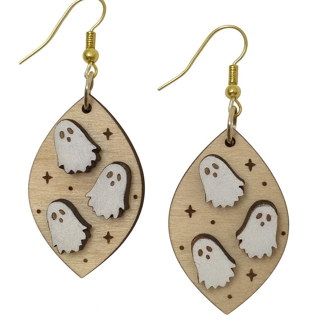 Cute Ghost Dangle Earrings  Wooden Halloween Earrings, Lightweight & Hypoallergenic