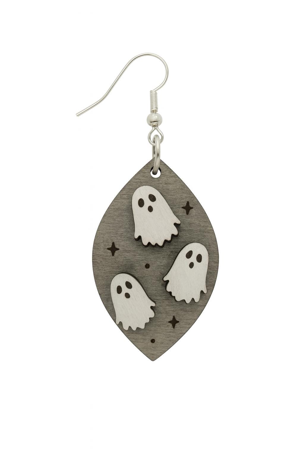Handmade Ghost Earrings: Laser-Cut Basswood with Silver Wires