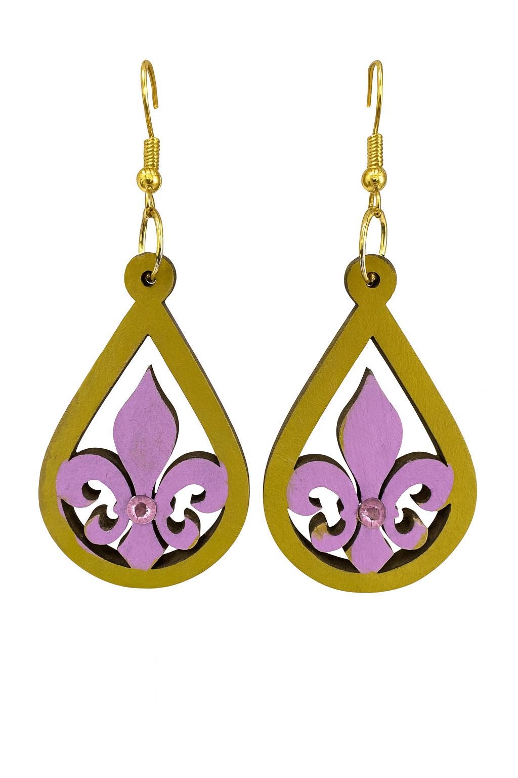 Hand Painted Fleur-de-Lis Earrings: Laser Cut Basswood, Gold Tone