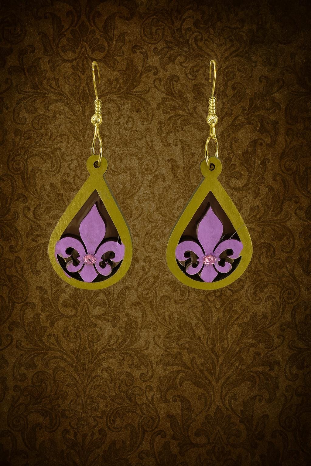 Hand Painted Fleur-de-Lis Earrings: Laser Cut Basswood, Gold Tone