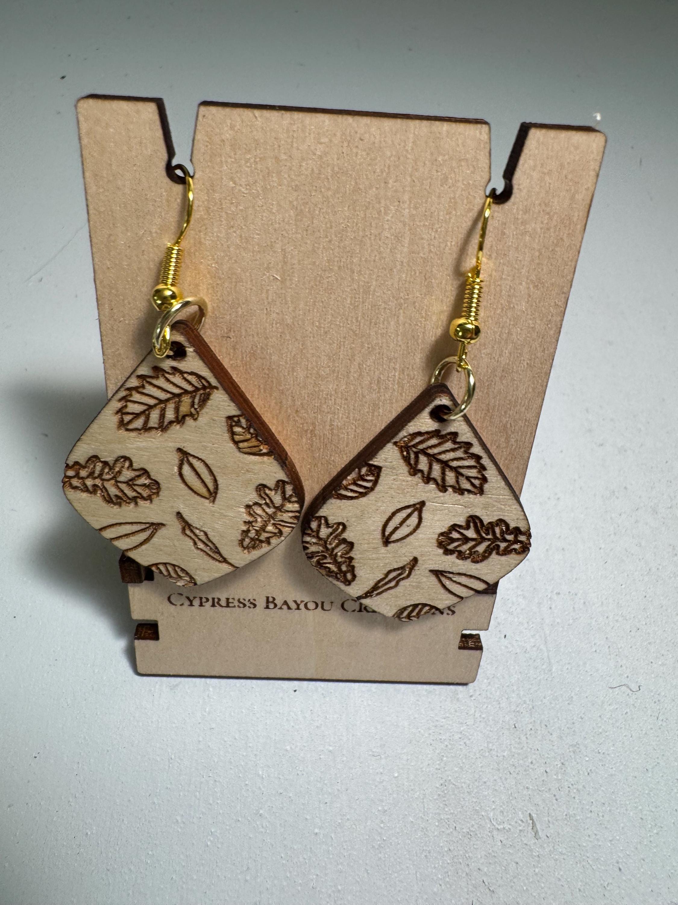 Laser Engraved Wood Leaf Earrings: Autumn Dangle Jewelry