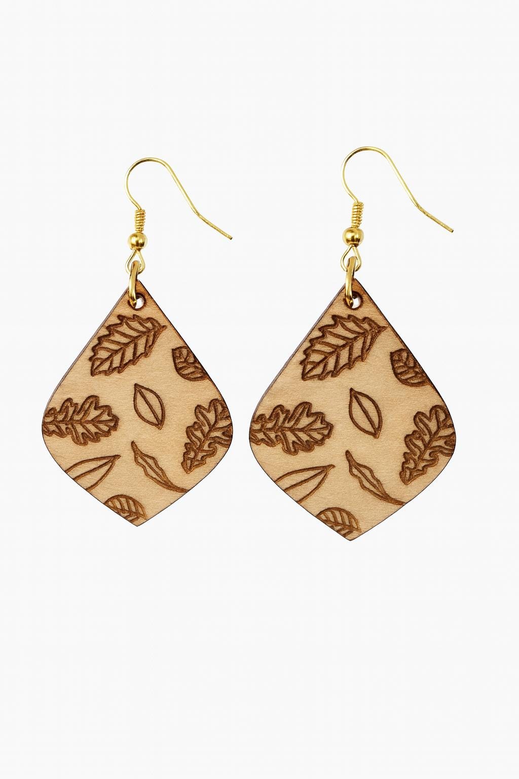 Laser Engraved Wood Leaf Earrings: Autumn Dangle Jewelry