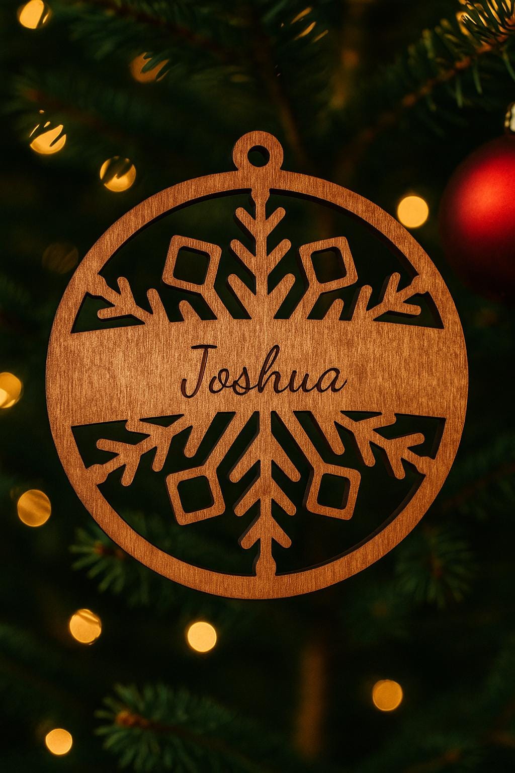 Personalized Laser Engraved Snowflake Christmas Ornament: Cherry Wood Holiday Keepsake