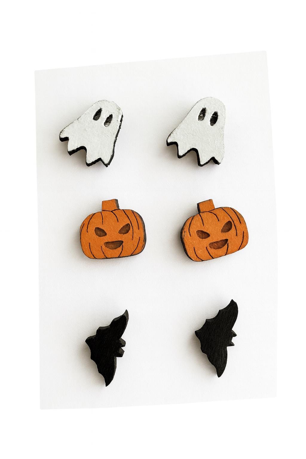 Halloween Stud earrings .Jack o lantern, ghost, bat.laser engraved wood. hand painted