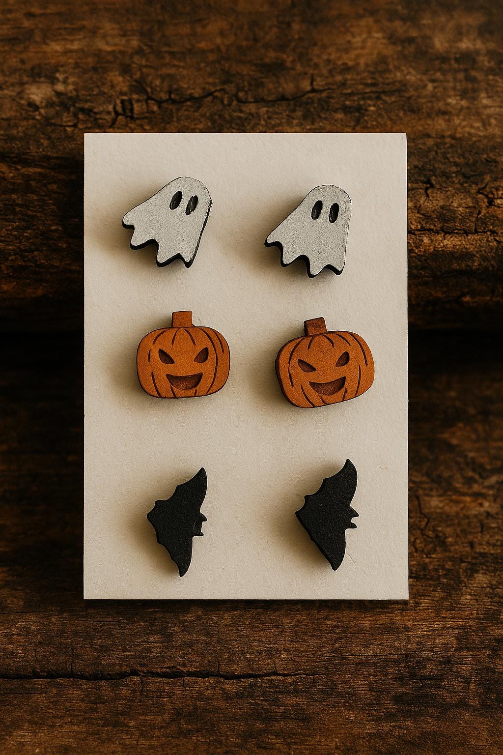 Halloween Stud earrings .Jack o lantern, ghost, bat.laser engraved wood. hand painted