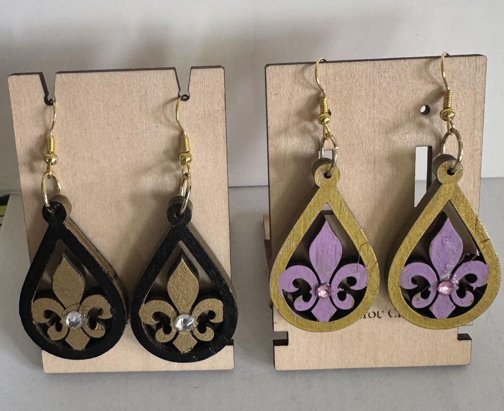 Hand Painted Fleur-de-Lis Earrings: Laser Cut Basswood, Gold Tone