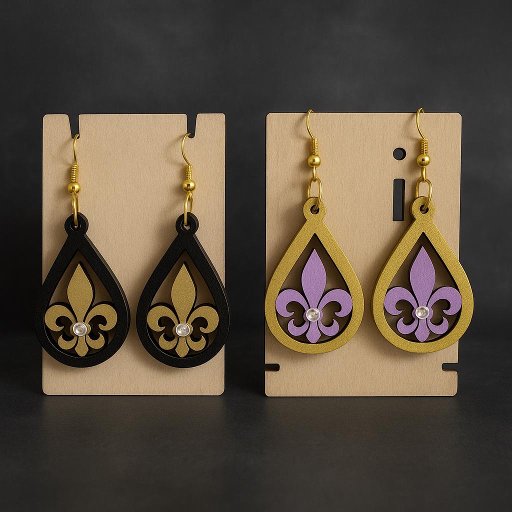 Hand Painted Fleur-de-Lis Earrings: Laser Cut Basswood, Gold Tone
