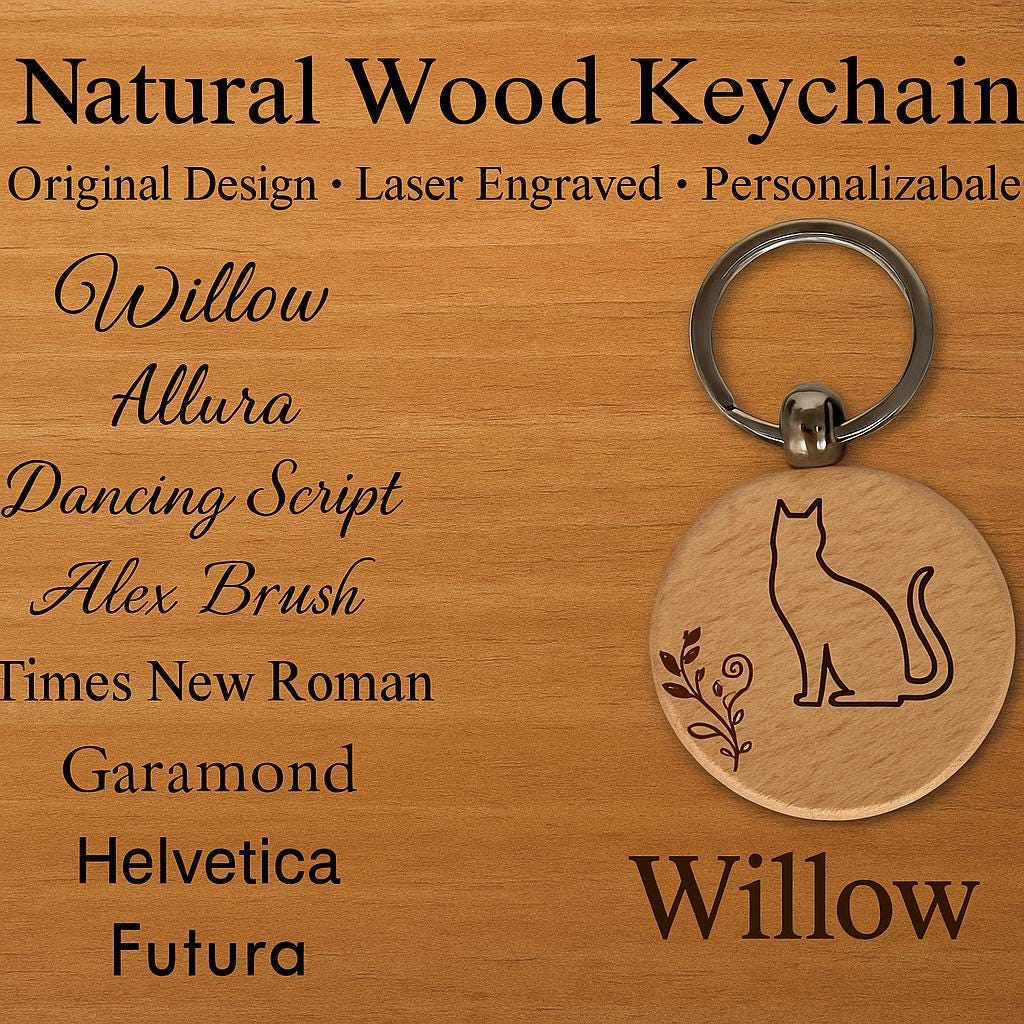 Laser Engraved Wood Keychain Cat themed. Personal with name, See photos for font choices