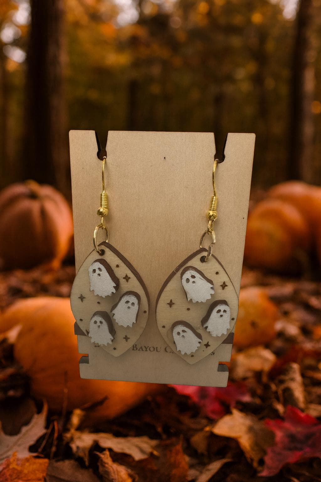 Cute Ghost Dangle Earrings  Wooden Halloween Earrings, Lightweight & Hypoallergenic