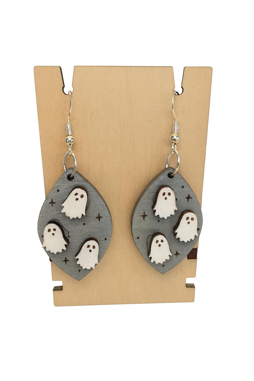 Handmade Ghost Earrings: Laser-Cut Basswood with Silver Wires