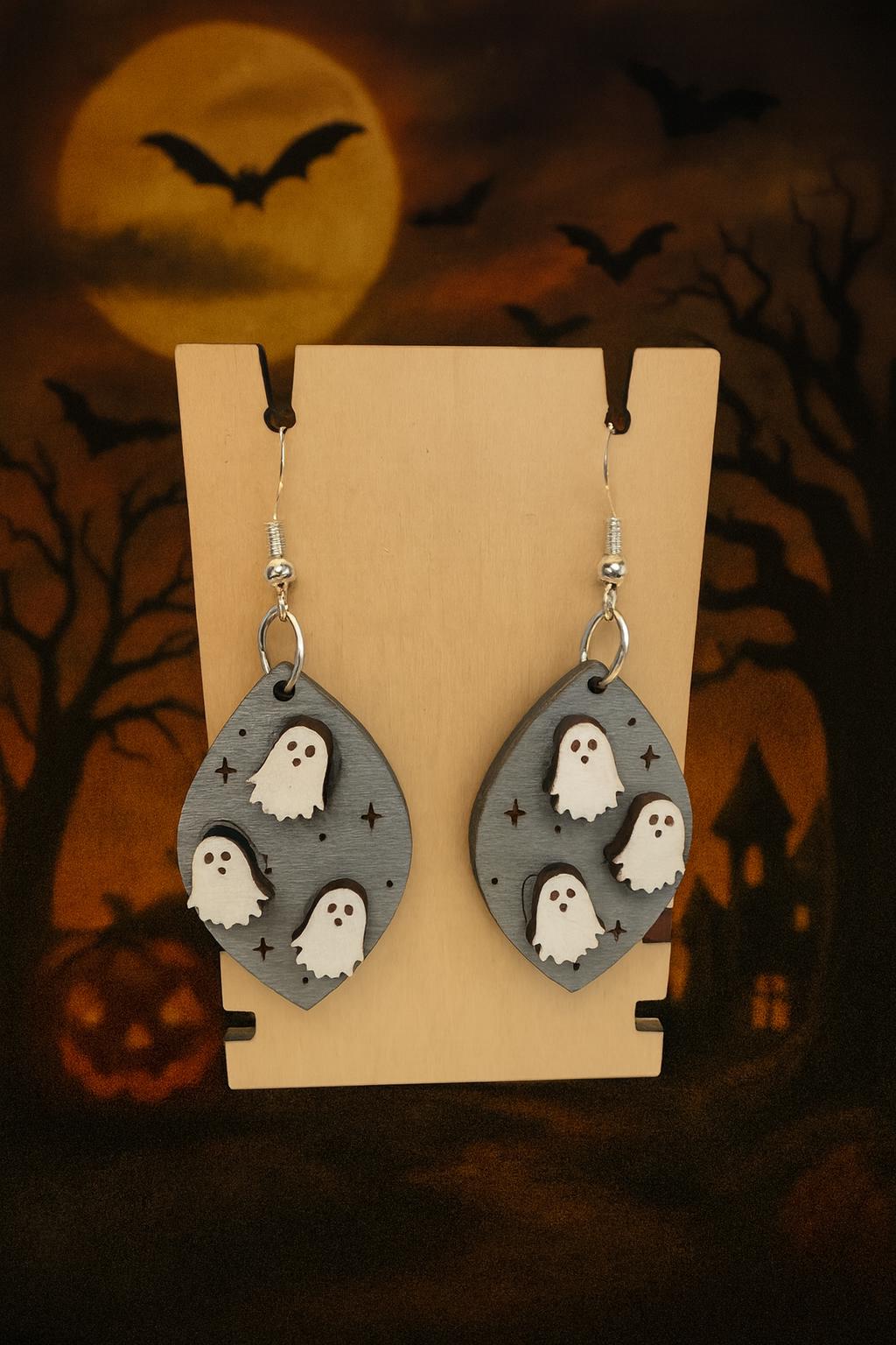 Handmade Ghost Earrings: Laser-Cut Basswood with Silver Wires