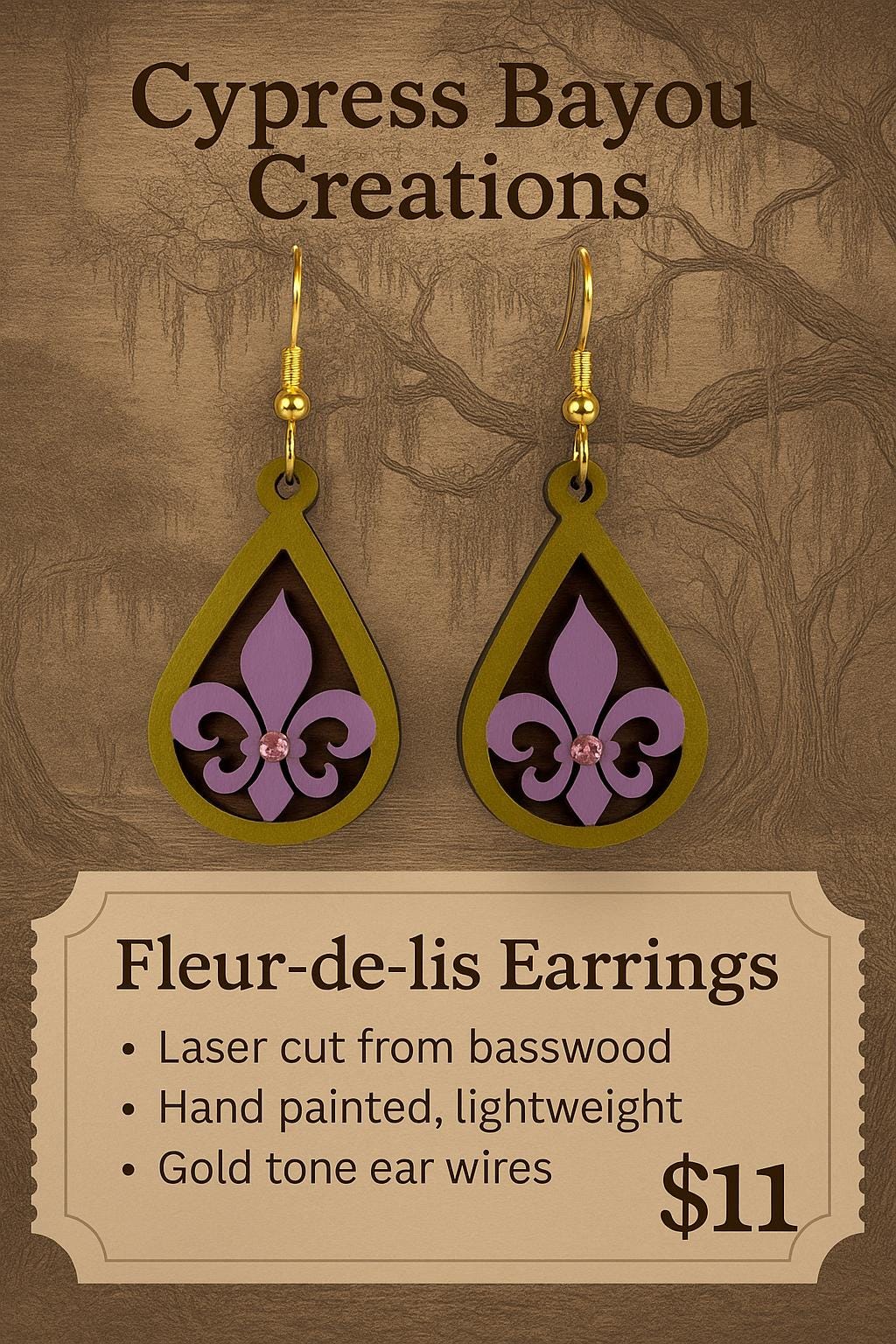 Hand Painted Fleur-de-Lis Earrings: Laser Cut Basswood, Gold Tone