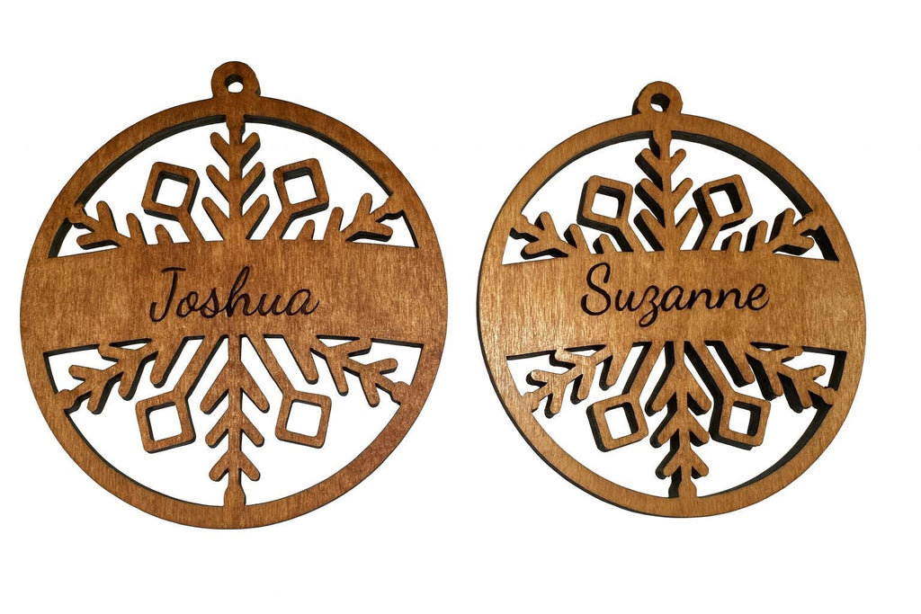 Personalized Laser Engraved Snowflake Christmas Ornament: Cherry Wood Holiday Keepsake